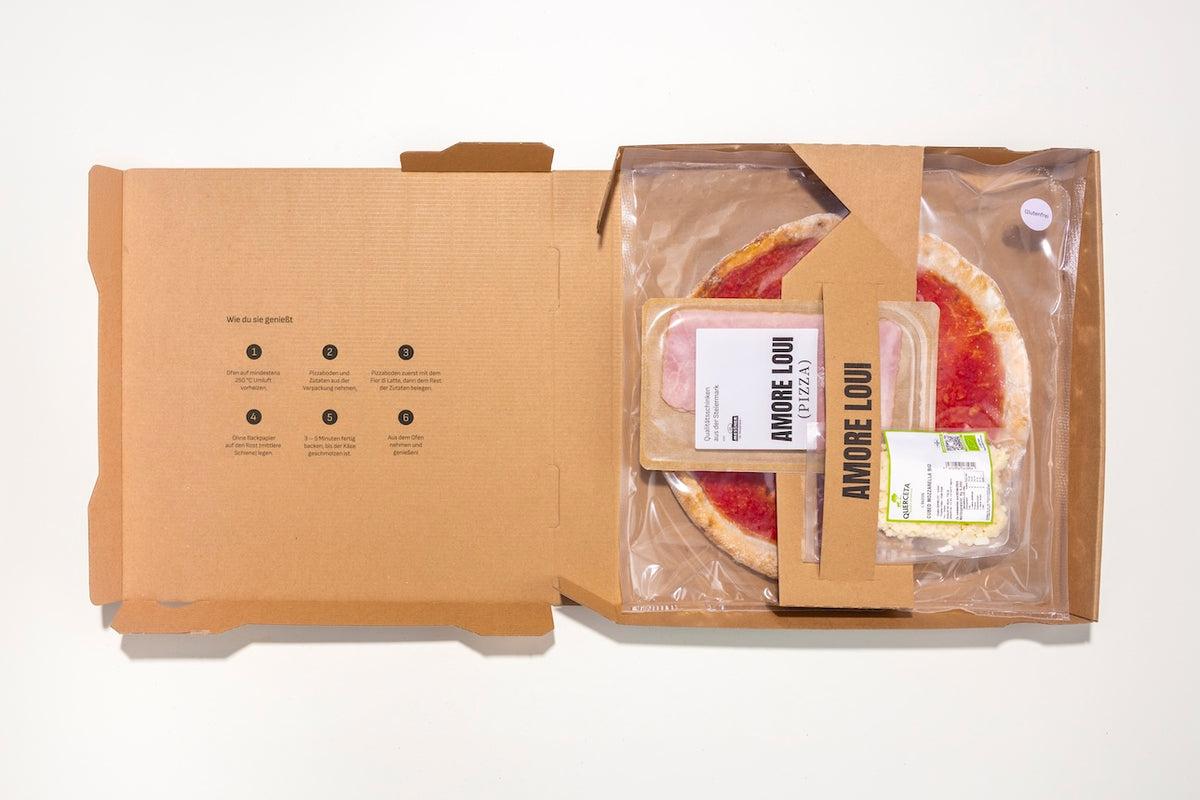 Geöffneter Karton mit glutenfreiem Pizzaboden und separat verpackten Zutaten