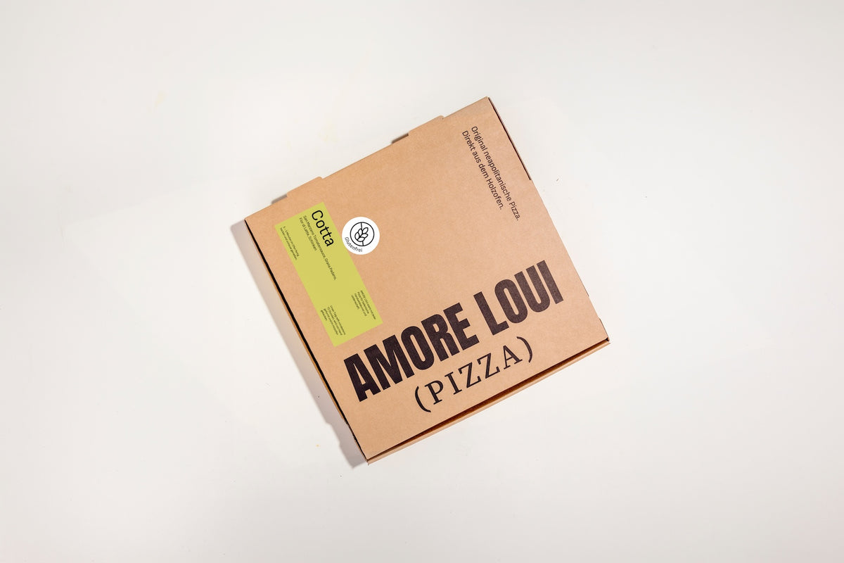Geschlossener AMORE LOUI Karton mit Glutenfrei-Kennzeichnung