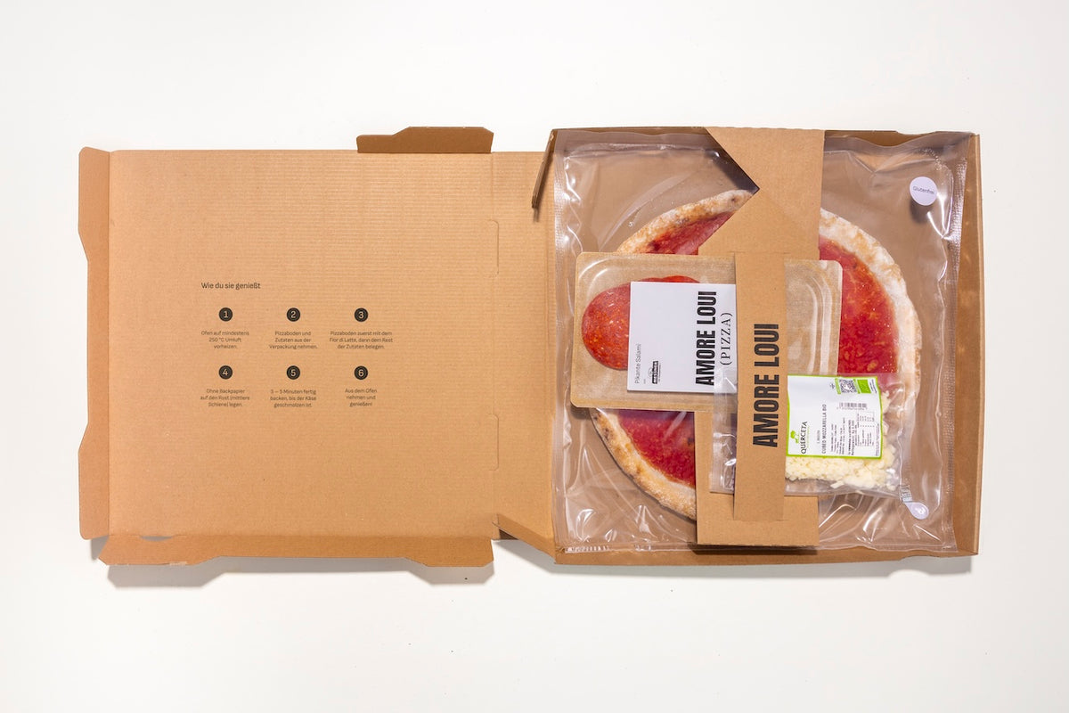 Geöffneter Karton mit glutenfreiem Pizzaboden und separat verpackten Zutaten