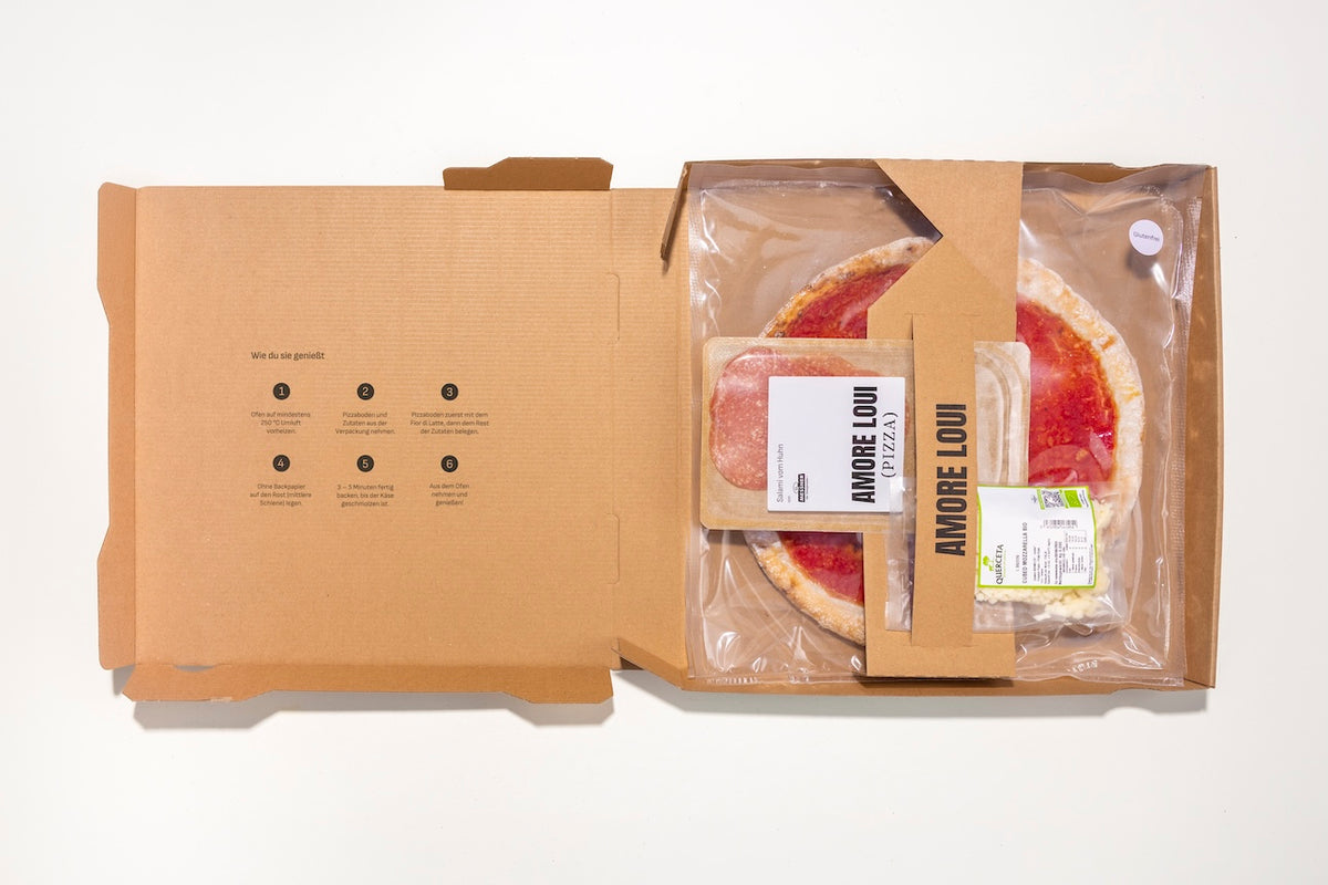 Geöffneter Karton mit glutenfreiem Pizzaboden und separat verpackten Zutaten