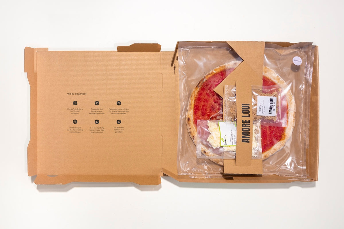 Geöffneter Karton mit glutenfreiem Pizzaboden und separat verpackten Zutaten