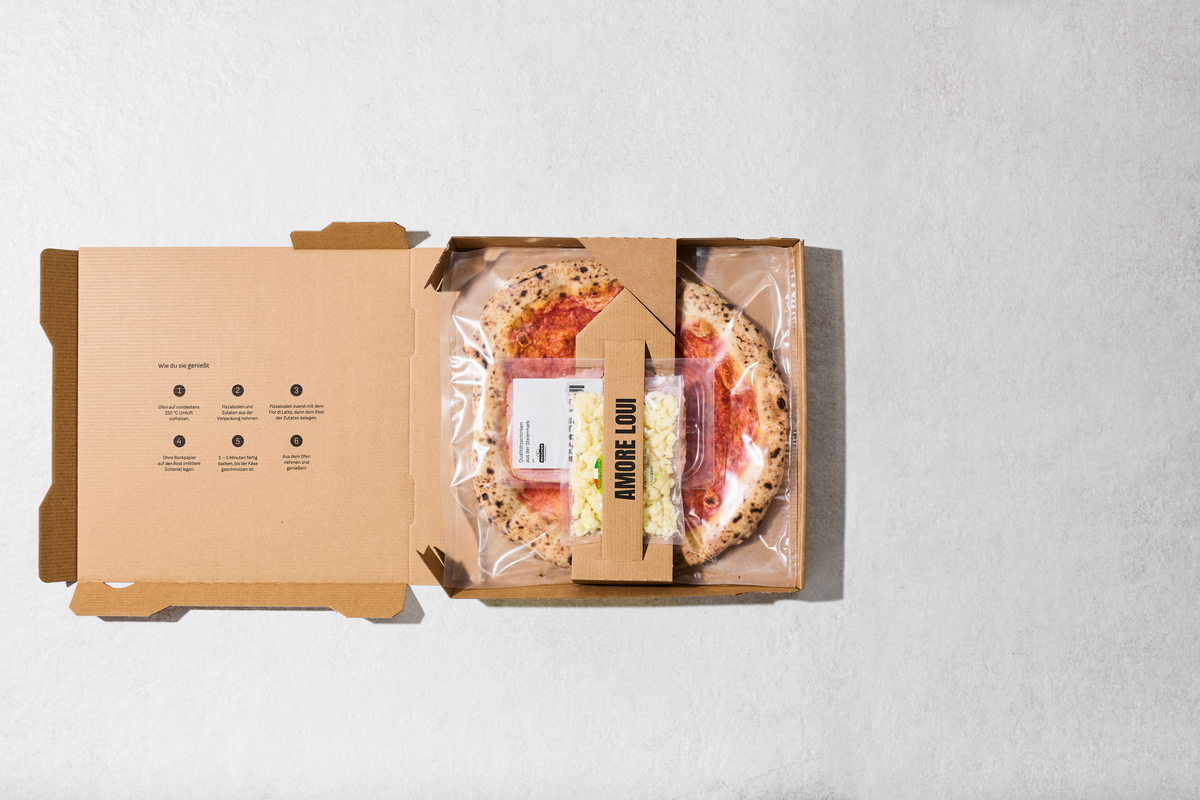 Geöffneter Karton mit Pizzaboden und separat verpackten Zutaten