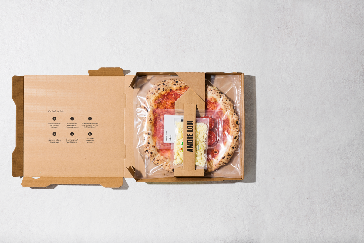 Geöffneter Karton mit Pizzaboden und separat verpackten Zutaten