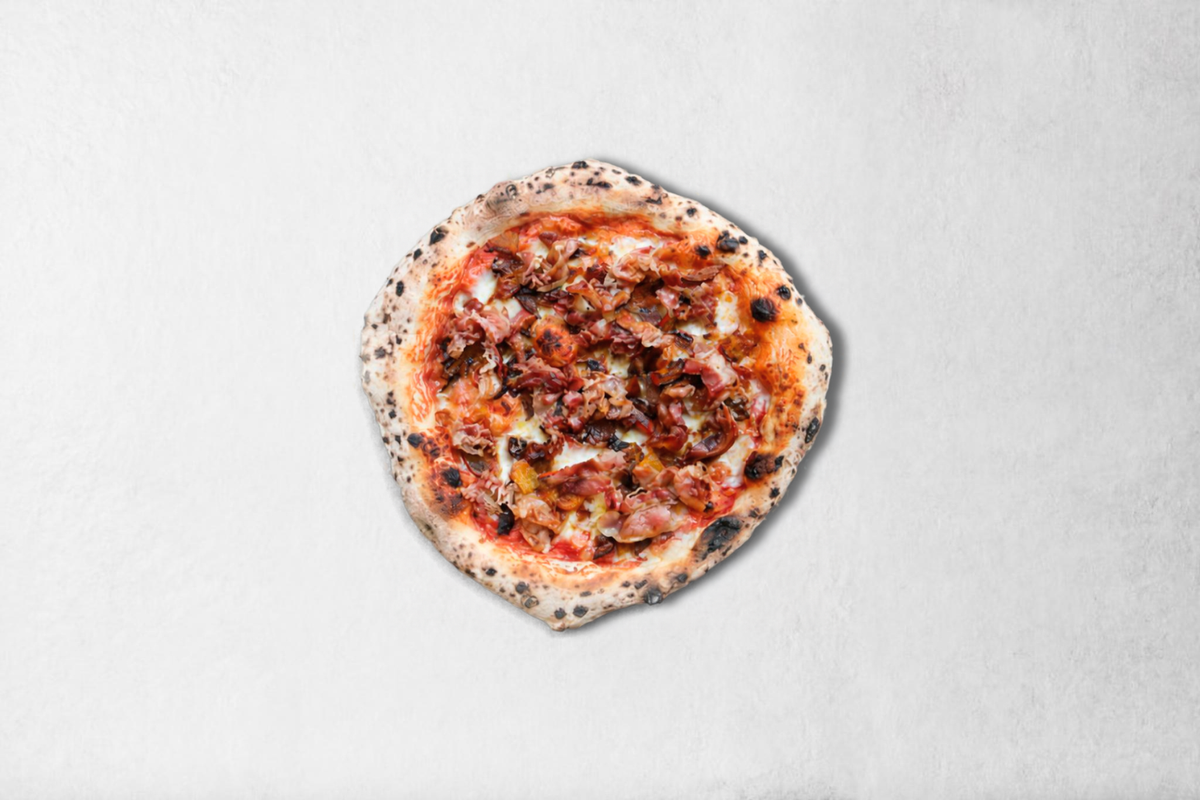 Pizza Kürbis Speciale (saisonal), fertig gebacken, von oben