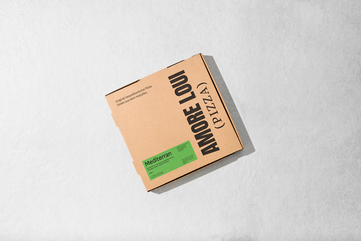 Geschlossener AMORE LOUI Karton für Pizza Mediterran