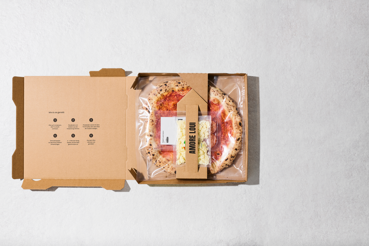 Geöffneter Karton mit Pizzaboden und separat verpackten Zutaten